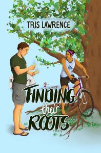 The cover for the book Finding Their Roots shows a man standing on the left, dressed for summer in a T-shirt and shorts. He looks down at his hands, which show sparkles or flames. A darker skinned man with his hair pulled back with a headband stands with his bike at rest, watching the first man. They both stand under the spreading branches of a tree. In the background a camper can be seen, and a small girl running past chasing what looks like a dog.